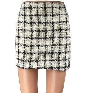 NEW Windsor Ivory Black Gold Metallic Tweed Plaid Mini Pencil Skirt Size S
